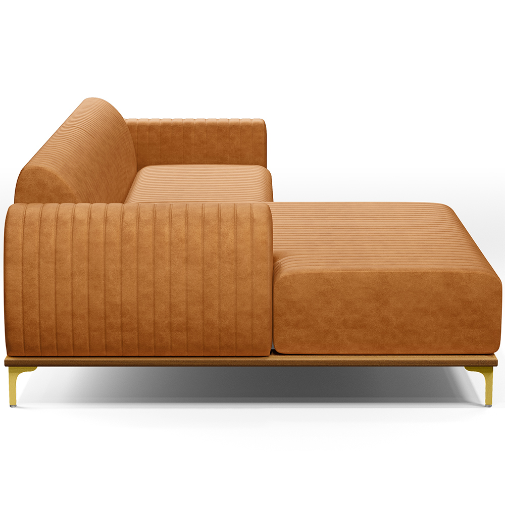 Sofá 3 Lugares com Chaise Esquerdo Para Sala de Estar Molino 230cm D02 Base Castanho Pés D'ouro Couríssimo Whisky B-90 - Lyam Decor