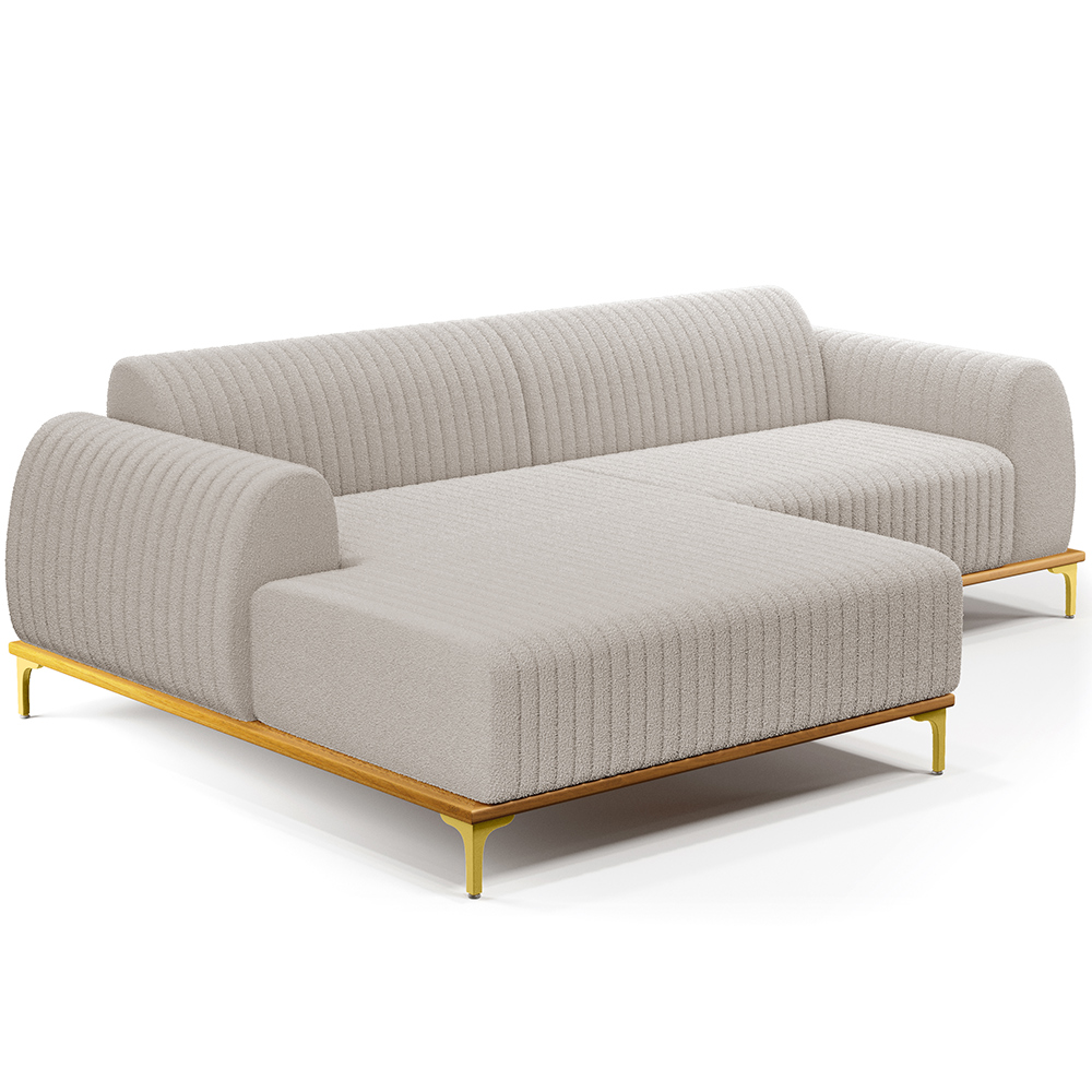 Sofá 3 Lugares com Chaise Esquerdo Para Sala de Estar Molino 245cm D02 Base Castanho Pés D'ouro Bouclê Creme C-54 - Lyam Decor