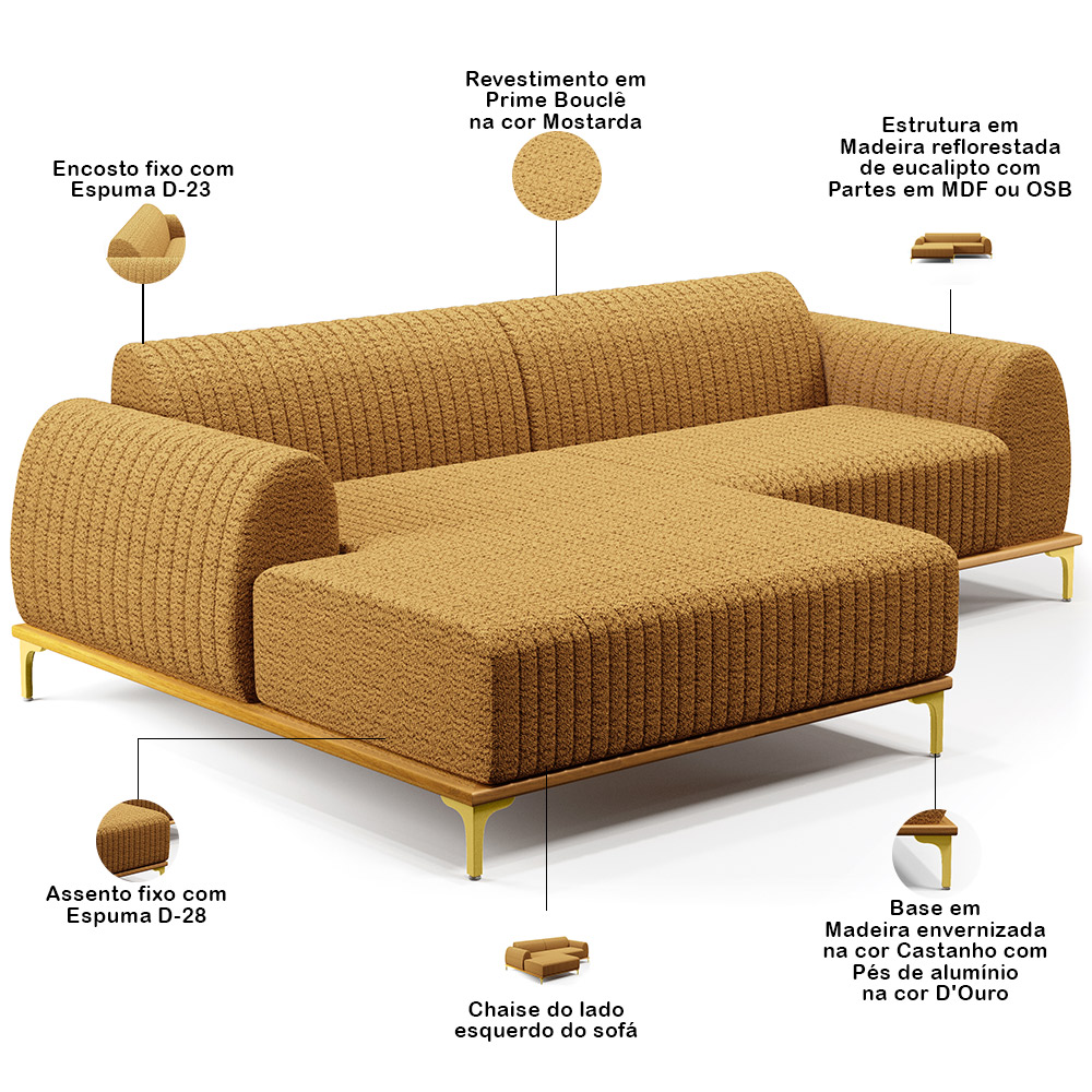 Sofá 3 Lugares com Chaise Esquerdo Para Sala de Estar Molino 245cm D02 Base Castanho Pés D'ouro Prime Bouclê Mostarda PB-03 - Lyam Decor