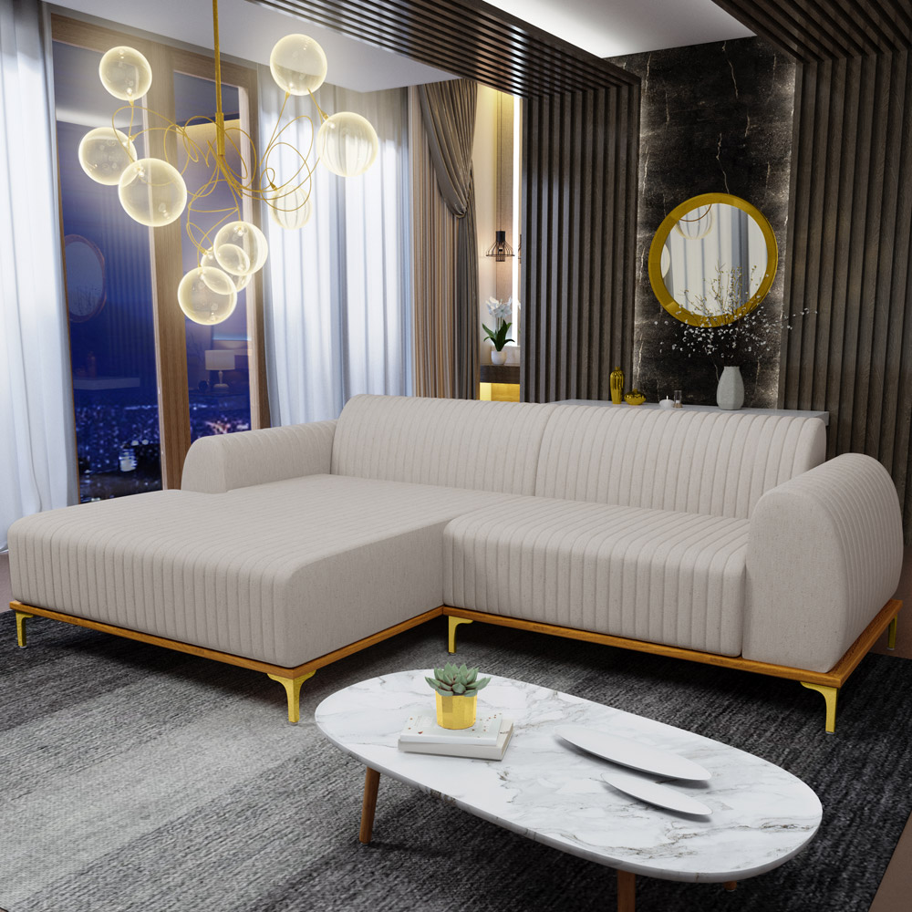 Sofá 3 Lugares com Chaise Esquerdo Para Sala de Estar Molino 245cm D02 Linho Bege C-107 - Lyam Decor