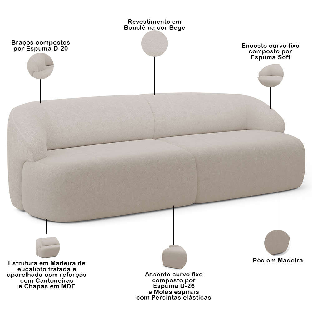 Sofá 4 Lugares Curvo Orgânico Para Sala Living 280cm Barolo L06 Bouclê Bege - Lyam Decor