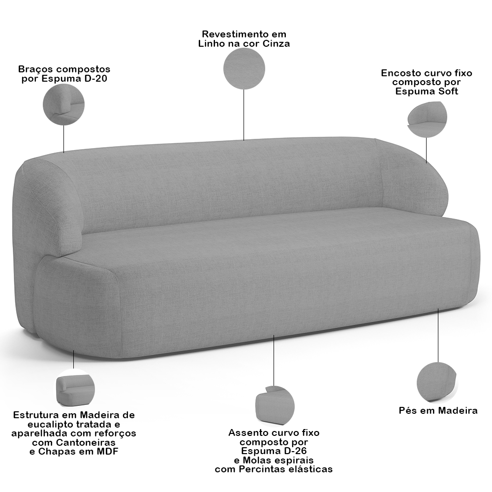 Sofá 4 Lugares Curvo Orgânico Para Sala Living 280cm Barolo L06 Linho Cinza Escuro - Lyam Decor