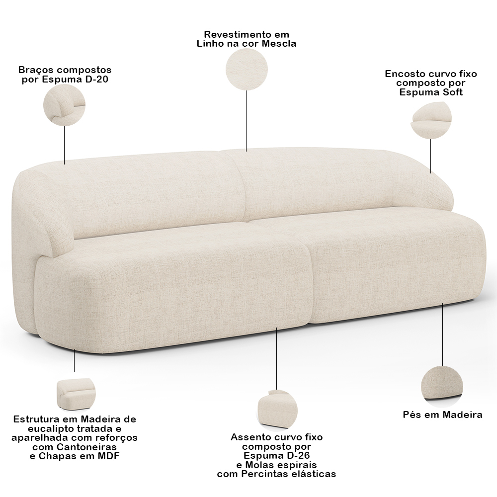 Sofá 4 Lugares Curvo Orgânico Para Sala Living 280cm Barolo L06 Linho Mescla - Lyam Decor