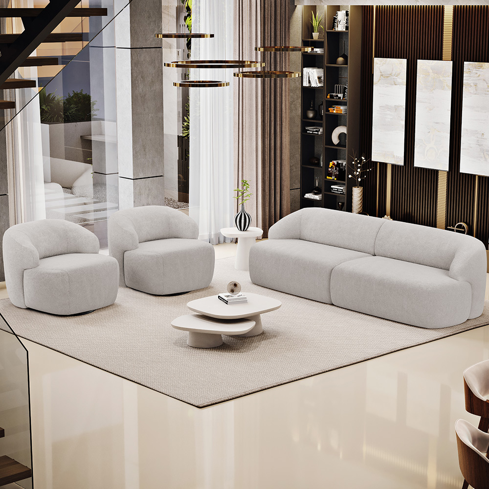 Sofá 4 Lugares Curvo Orgânico com 02 Poltronas Para Sala Living 280cm Barolo L06 Bouclê Cinza - Lyam Decor