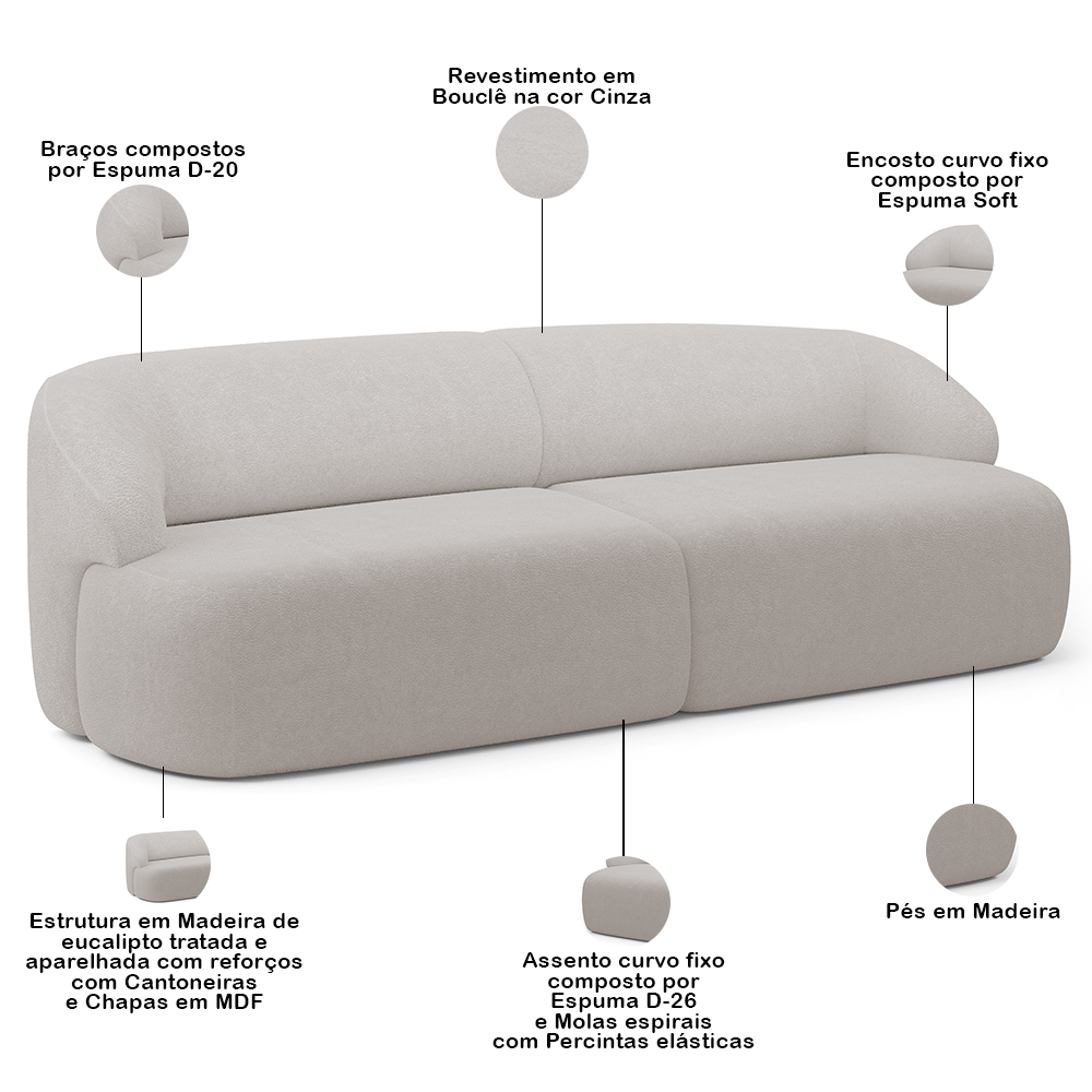 Sofá 4 Lugares Curvo Orgânico com 02 Poltronas Para Sala Living 280cm Barolo L06 Bouclê Cinza - Lyam Decor