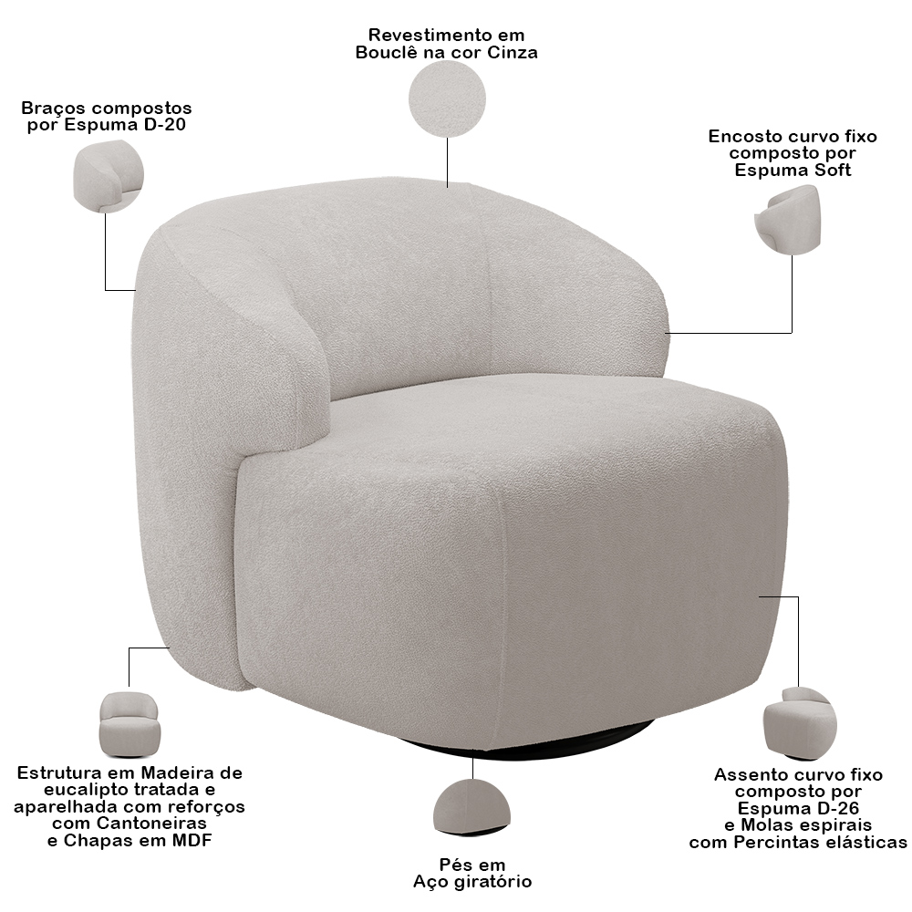 Sofá 4 Lugares Curvo Orgânico com 02 Poltronas Para Sala Living 280cm Barolo L06 Bouclê Cinza - Lyam Decor