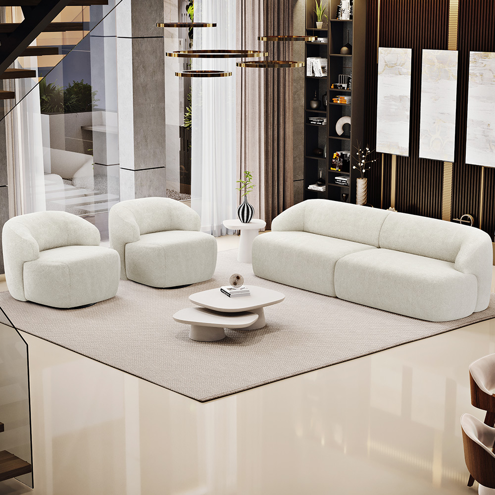Sofá 4 Lugares Curvo Orgânico com 02 Poltronas Para Sala Living 280cm Barolo L06 Bouclê Off White - Lyam Decor