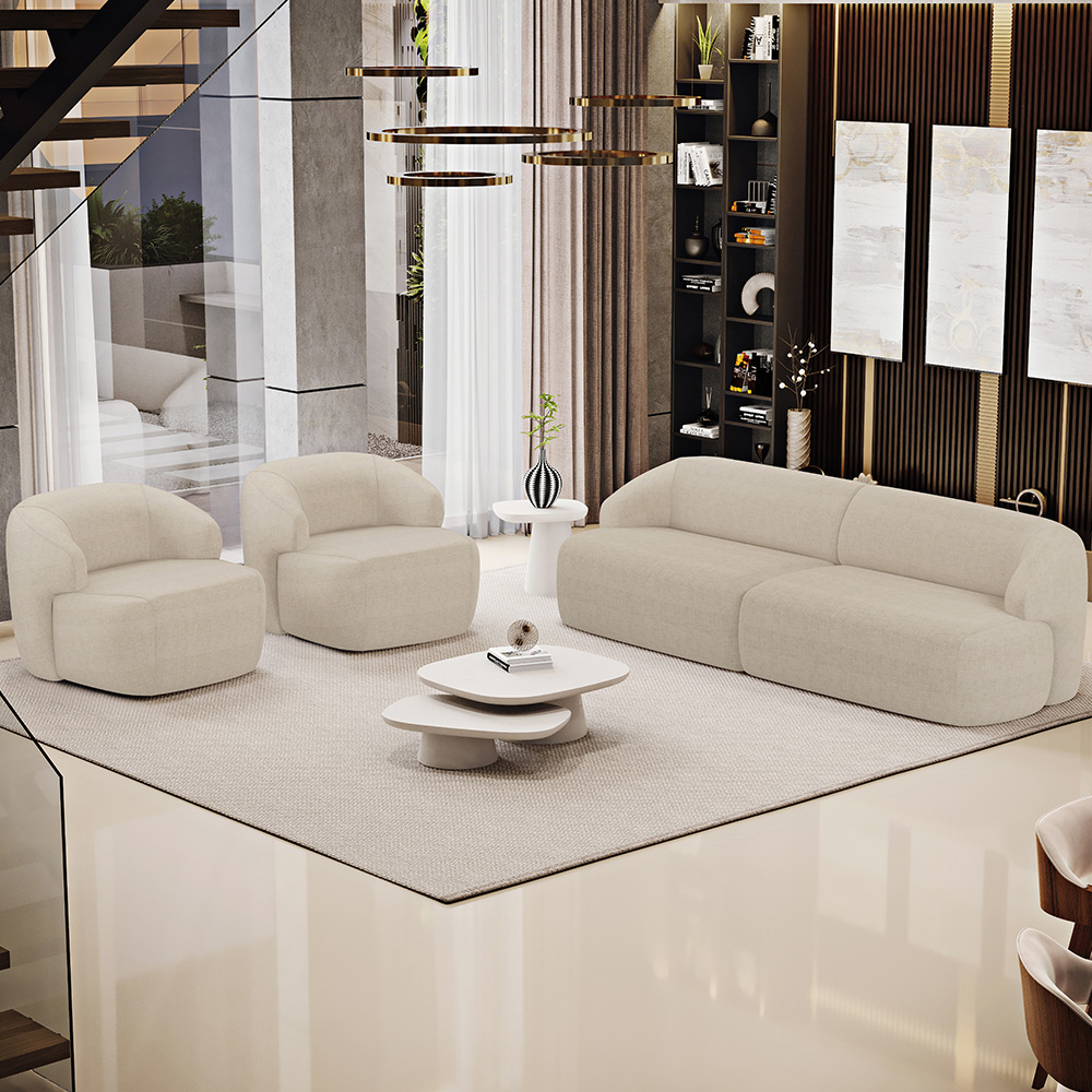 Sofá 4 Lugares Curvo Orgânico com 02 Poltronas Para Sala Living 280cm Barolo L06 Linho Bege Escuro - Lyam Decor