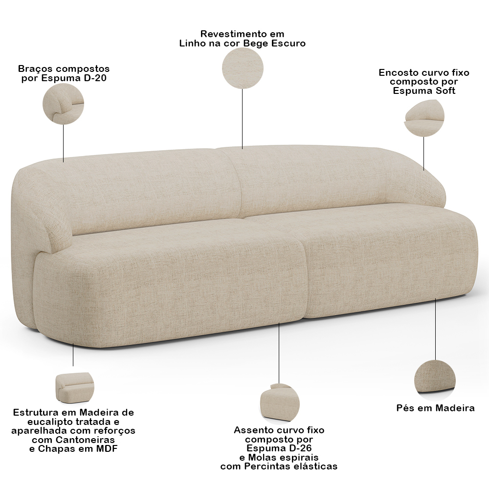 Sofá 4 Lugares Curvo Orgânico com 02 Poltronas Para Sala Living 280cm Barolo L06 Linho Bege Escuro - Lyam Decor