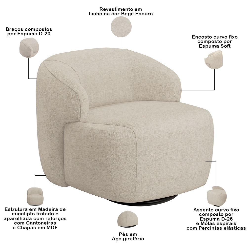 Sofá 4 Lugares Curvo Orgânico com 02 Poltronas Para Sala Living 280cm Barolo L06 Linho Bege Escuro - Lyam Decor