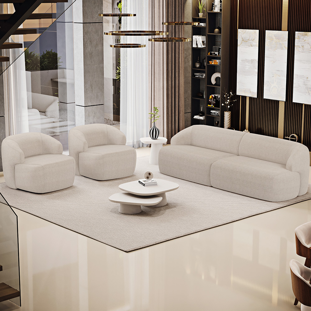 Sofá 4 Lugares Curvo Orgânico com 02 Poltronas Para Sala Living 280cm Barolo L06 Linho Bege TC1-102 - Lyam Decor