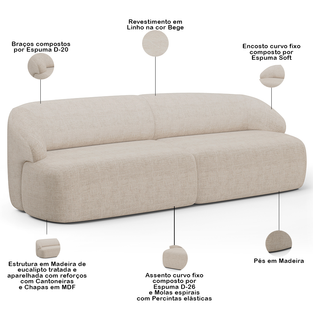 Sofá 4 Lugares Curvo Orgânico com 02 Poltronas Para Sala Living 280cm Barolo L06 Linho Bege TC1-102 - Lyam Decor