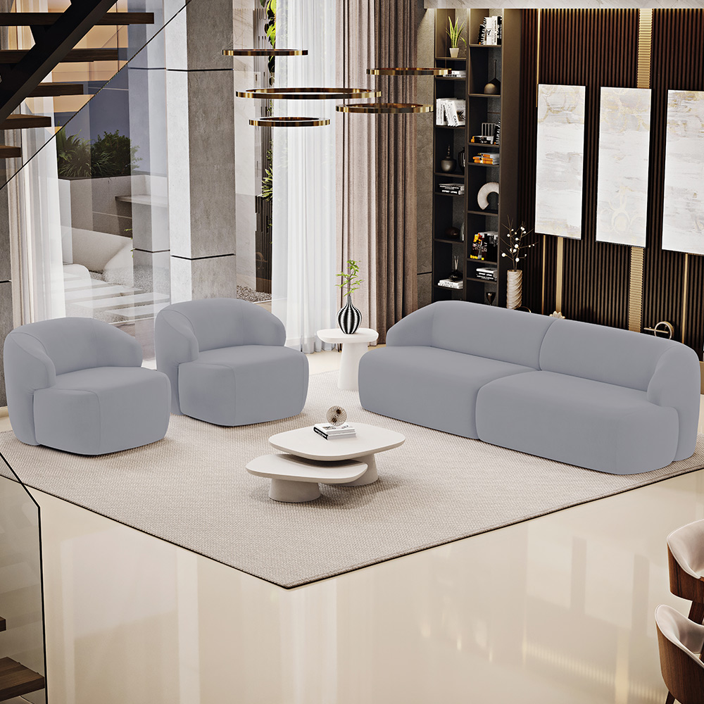 Sofá 4 Lugares Curvo Orgânico com 02 Poltronas Para Sala Living 280cm Barolo L06 Veludo Cinza - Lyam Decor