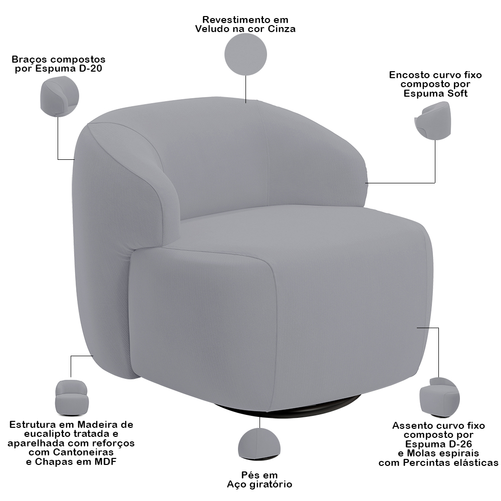 Sofá 4 Lugares Curvo Orgânico com 02 Poltronas Para Sala Living 280cm Barolo L06 Veludo Cinza - Lyam Decor