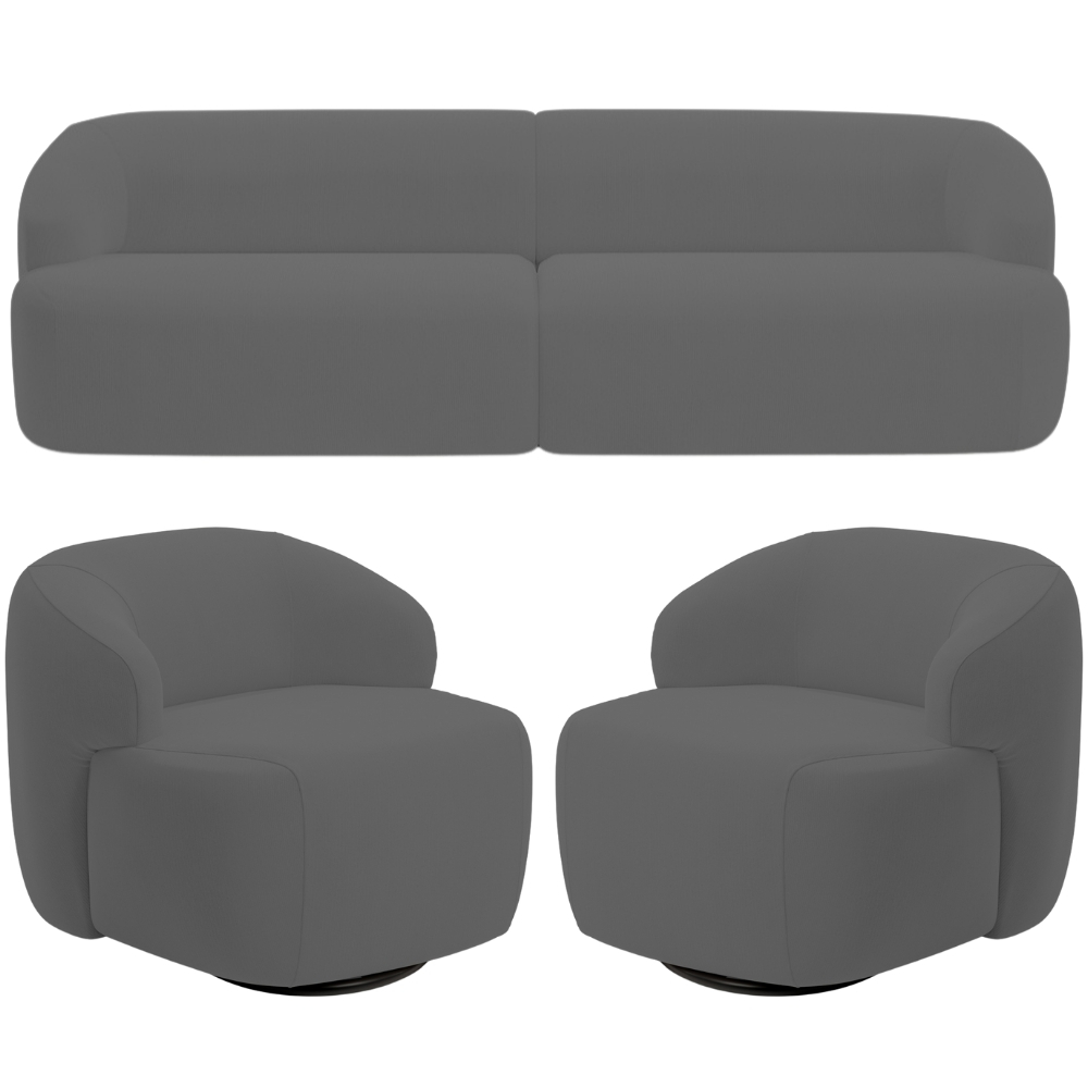 Sofá 4 Lugares Curvo Orgânico com 02 Poltronas Para Sala Living 280cm Barolo L06 Veludo Grafite - Lyam Decor