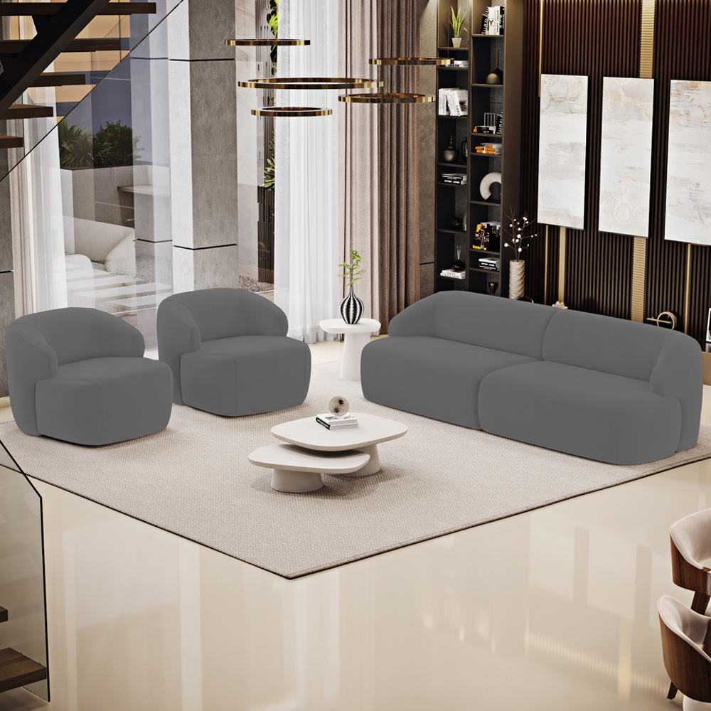 Sofá 4 Lugares Curvo Orgânico com 02 Poltronas Para Sala Living 280cm Barolo L06 Veludo Grafite - Lyam Decor