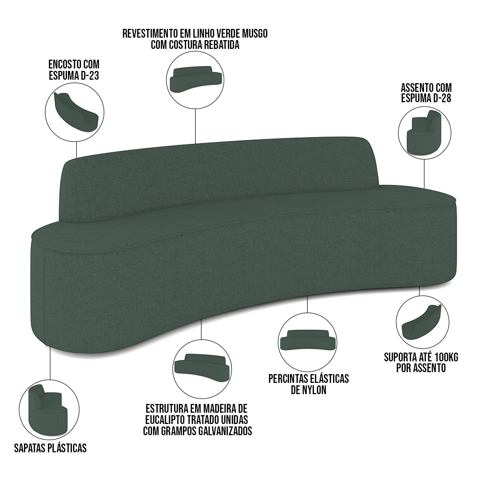 Sofá 4 Lugares Curvo Sala de Estar Living Cancún D02 Linho Verde Musgo 230 cm C-117 - Lyam Decor