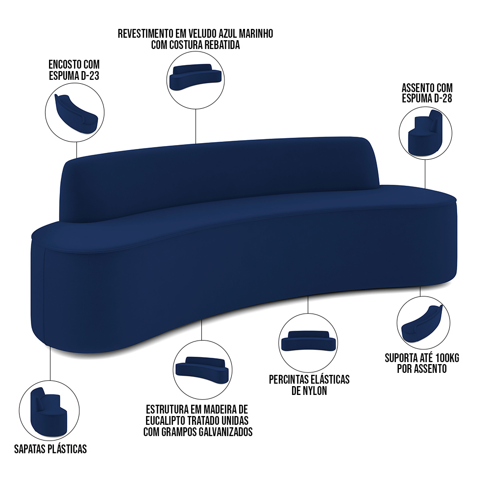 Sofá 4 Lugares Curvo Sala de Estar Living Cancún D02 Veludo Azul Marinho 230 cm C-304 - Lyam Decor
