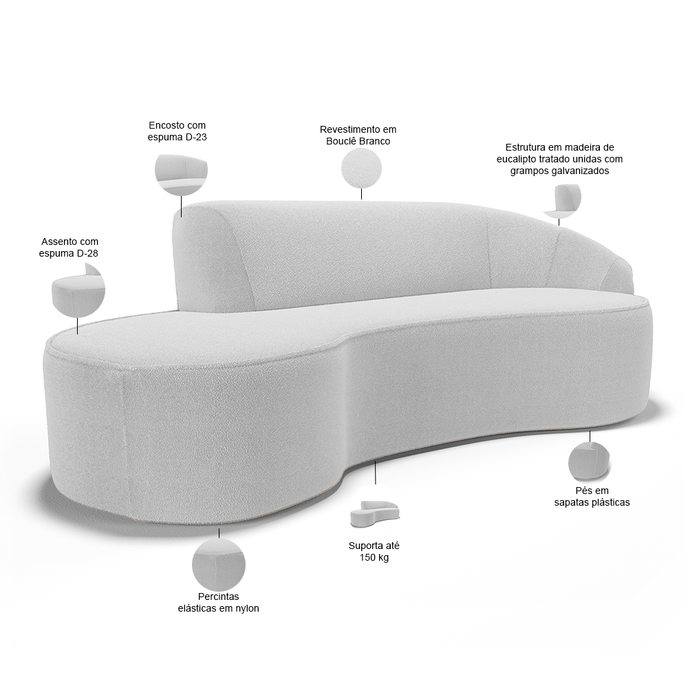 Sofá 4 Lugares Curvo Sala de Estar Living Firenze Direito D02 Bouclê Branco 260 cm B-53 - Lyam