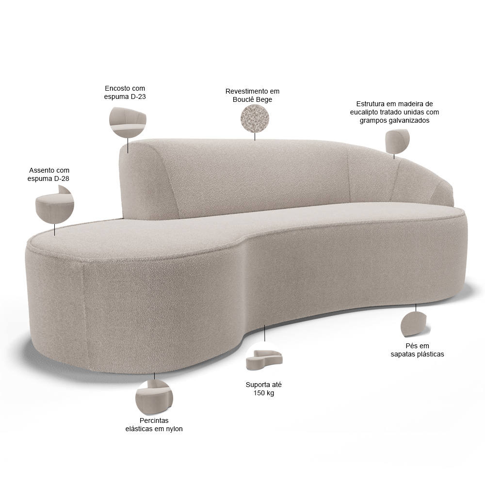 Sofá 4 Lugares Curvo Sala de Estar Living Firenze Direito D02 Bouclê Creme 260 cm B-54 - Lyam