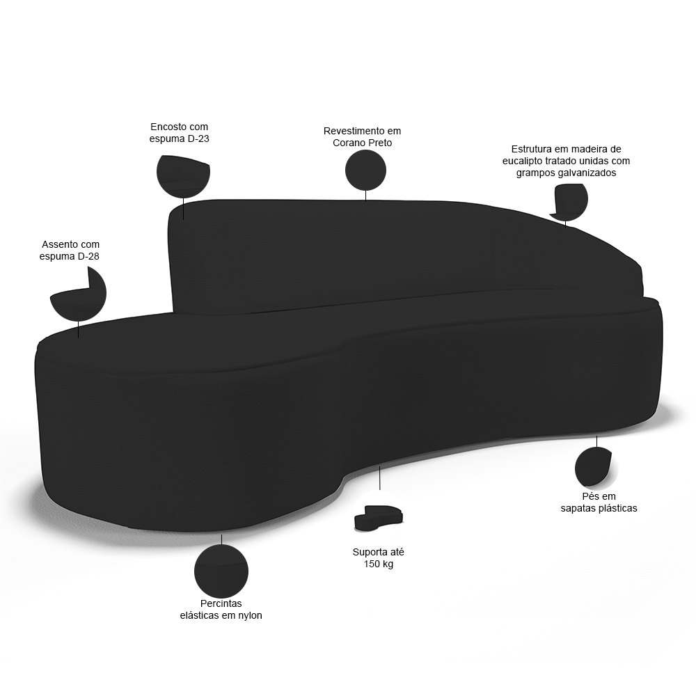 Sofá 4 Lugares Curvo Sala de Estar Living Firenze Direito D02 Corano Preto 260 cm C-05 - Lyam