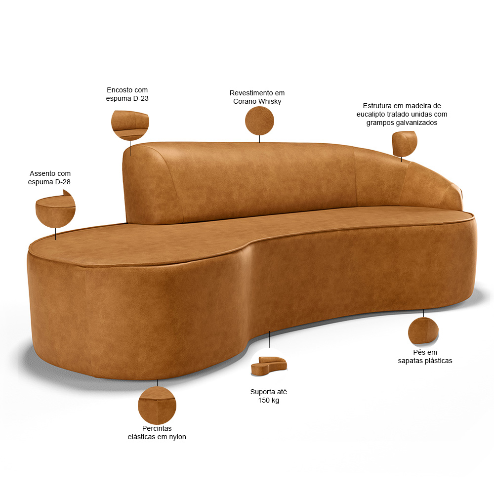 Sofá 4 Lugares Curvo Sala de Estar Living Firenze Direito D02 Couríssimo Whisky 260 cm B-90 - Lyam