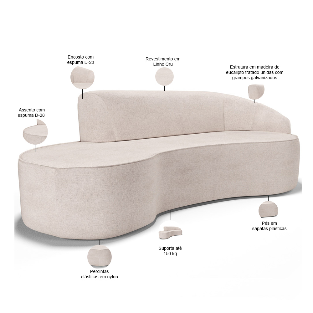Sofá 4 Lugares Curvo Sala de Estar Living Firenze Direito D02 Linho Cru 260 cm D-461 - Lyam