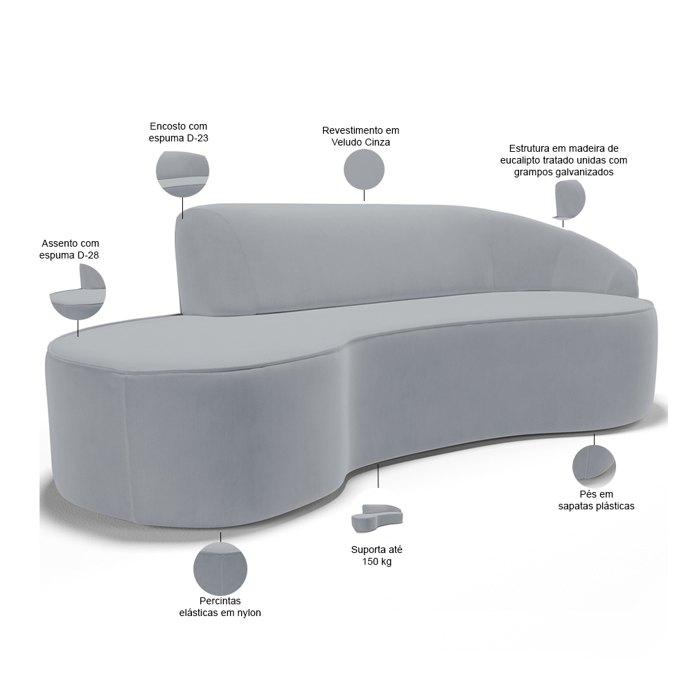 Sofá 4 Lugares Curvo Sala de Estar Living Firenze Direito D02 Veludo Cinza 280 cm C-317 - Lyam
