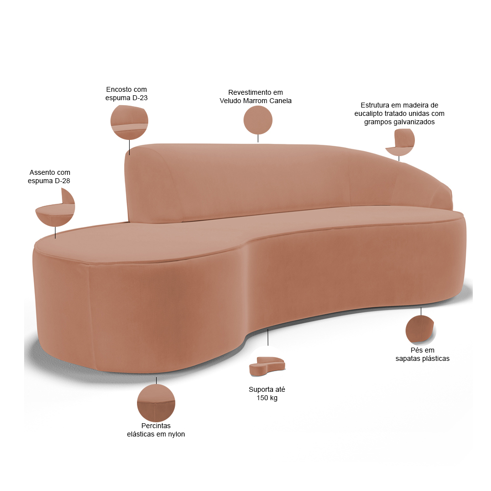 Sofá 4 Lugares Curvo Sala de Estar Living Firenze Direito D02 Veludo Marrom Canela 280 cm C-276 - Lyam