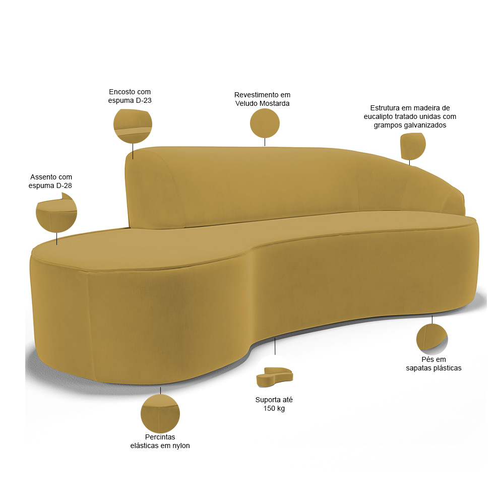 Sofá 4 Lugares Curvo Sala de Estar Living Firenze Direito D02 Veludo Mostarda 280 cm C-279 - Lyam