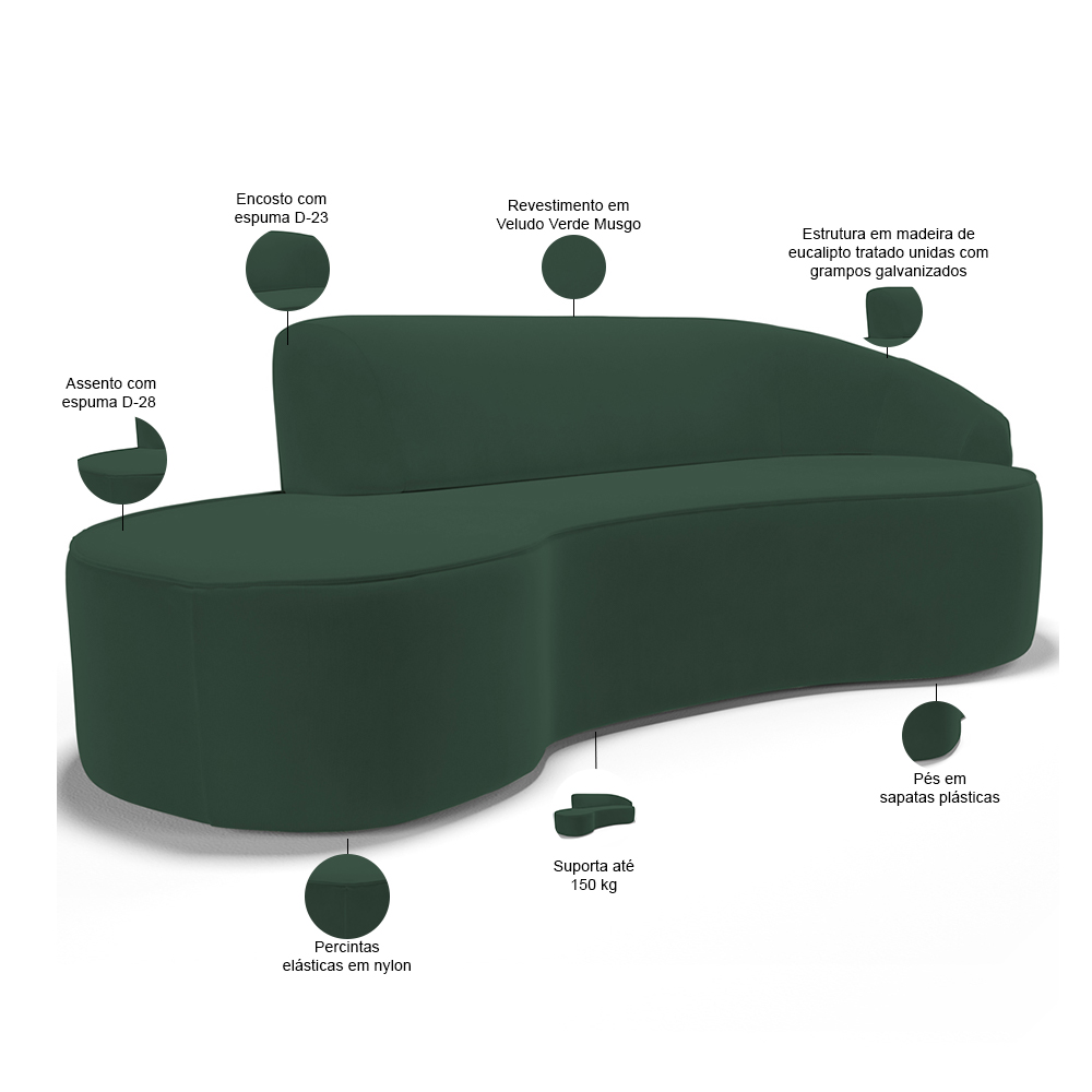 Sofá 4 Lugares Curvo Sala de Estar Living Firenze Direito D02 Veludo Verde Musgo 280 cm C-303 - Lyam