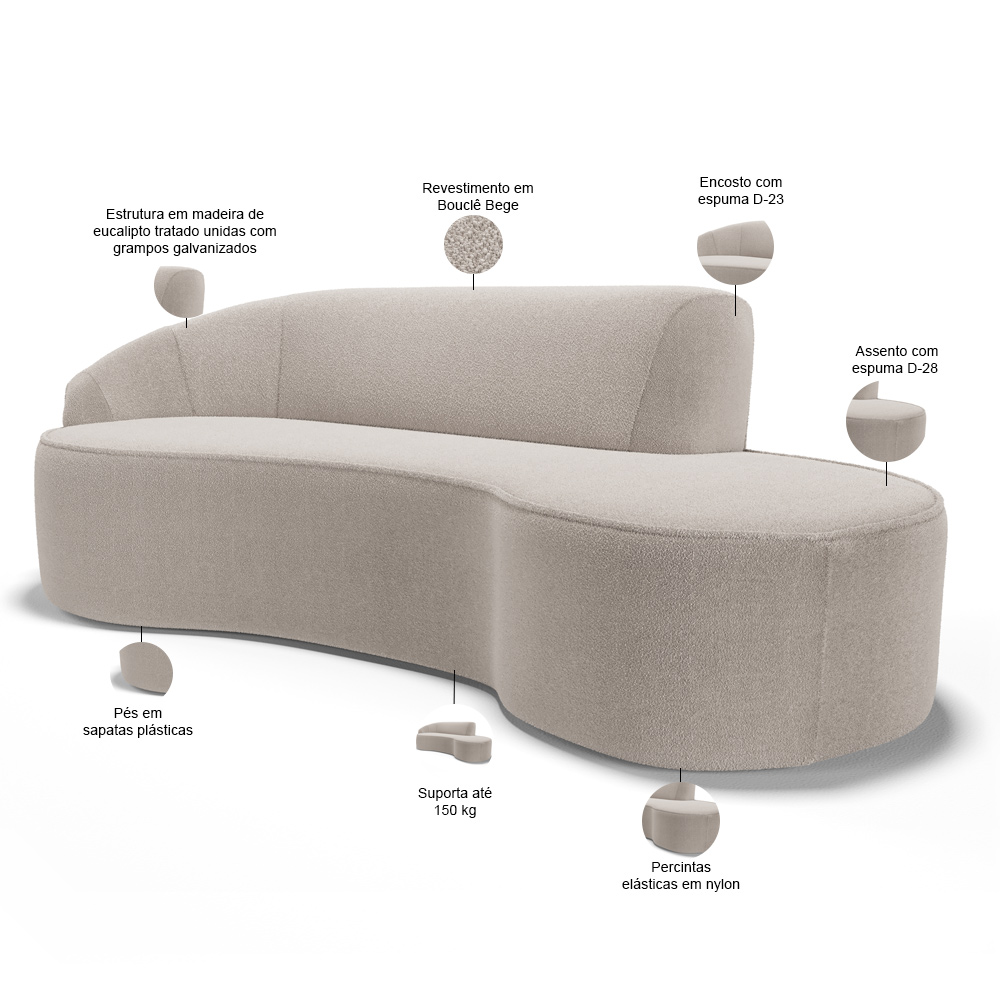 Sofá 4 Lugares Curvo Sala de Estar Living Firenze Esquerdo D02 Bouclê Bege 280 cm B-62 - Lyam