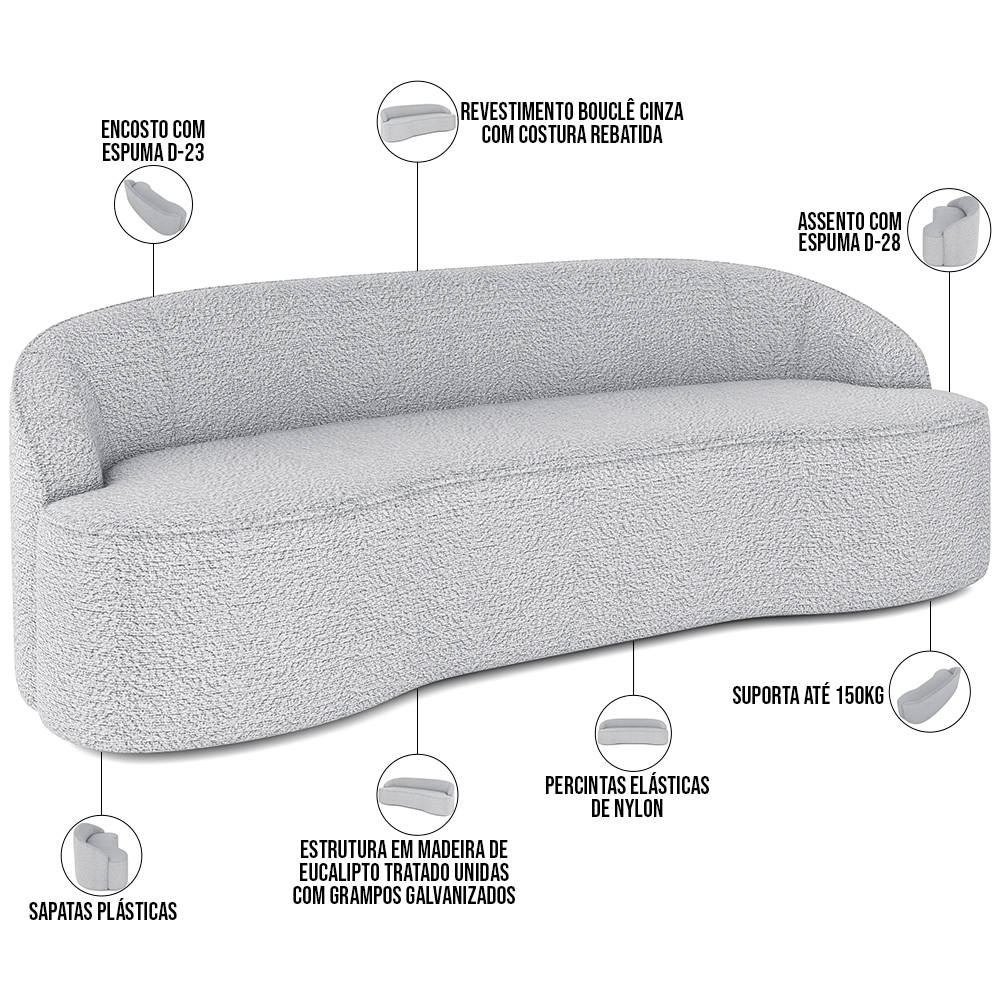 Sofá 4 Lugares Curvo Sala de Estar Living Lótus D02 Bouclê Cinza 260 cm B-56 - Lyam Decor