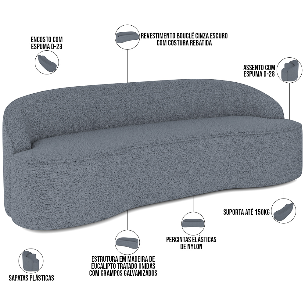 Sofá 4 Lugares Curvo Sala de Estar Living Lótus D02 Bouclê Cinza Escuro 260 cm B-64 - Lyam Decor