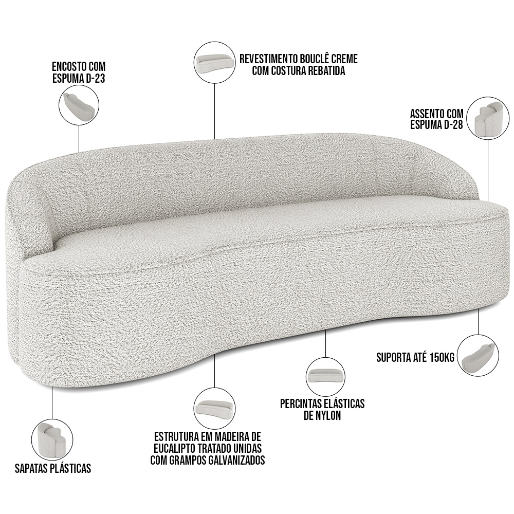 Sofá 4 Lugares Curvo Sala de Estar Living Lótus D02 Bouclê Creme 280 cm B-54 - Lyam
