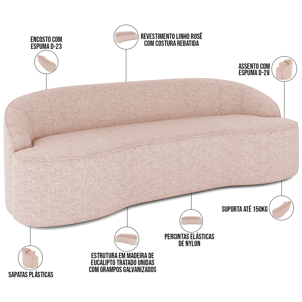 Sofá 4 Lugares Curvo Sala de Estar Living Lótus D02 Linho Rosê 260 cm C-105 - Lyam Decor
