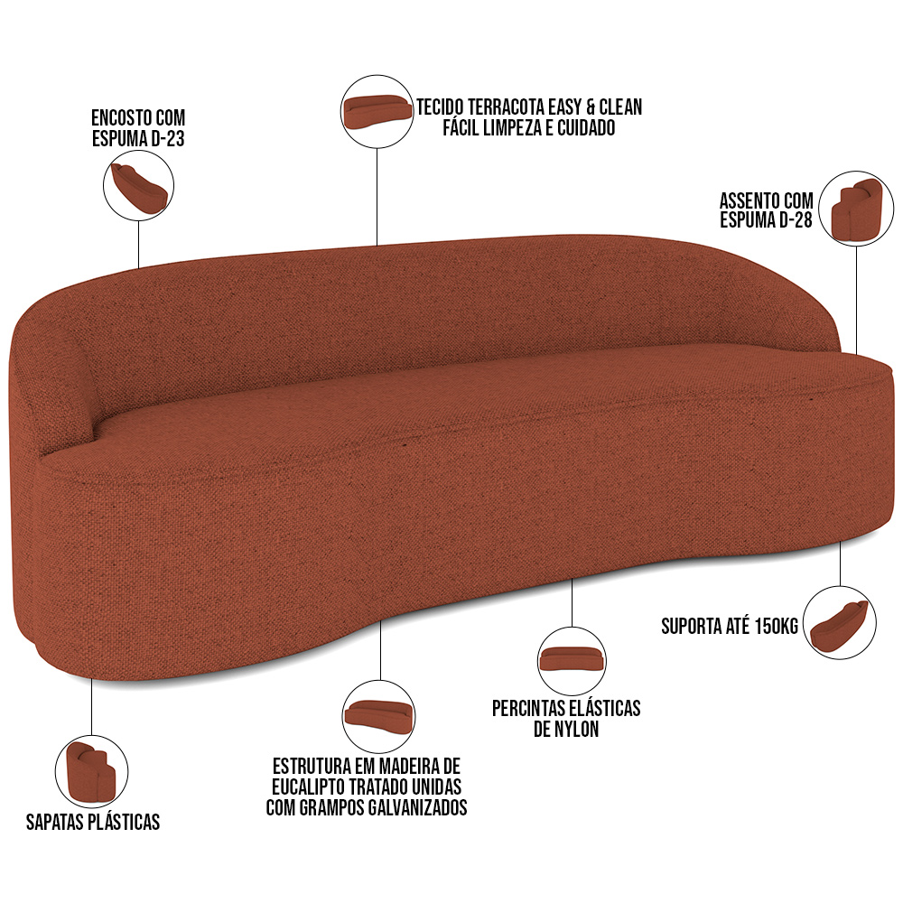 Sofá 4 Lugares Curvo Sala de Estar Living Lótus D02 Linho Terracota 260 cm B-355 - Lyam Decor