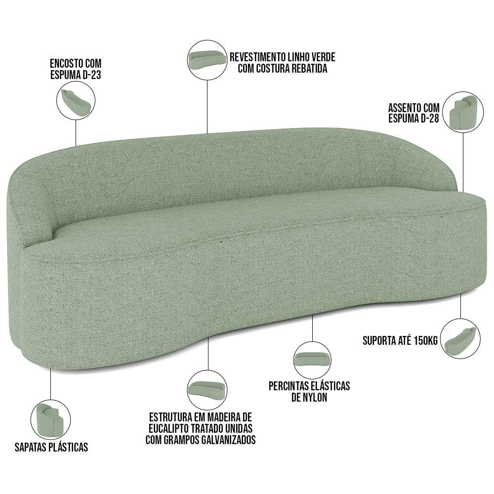 Sofá 4 Lugares Curvo Sala de Estar Living Lótus D02 Linho Verde 260 cm D-477 - Lyam Decor