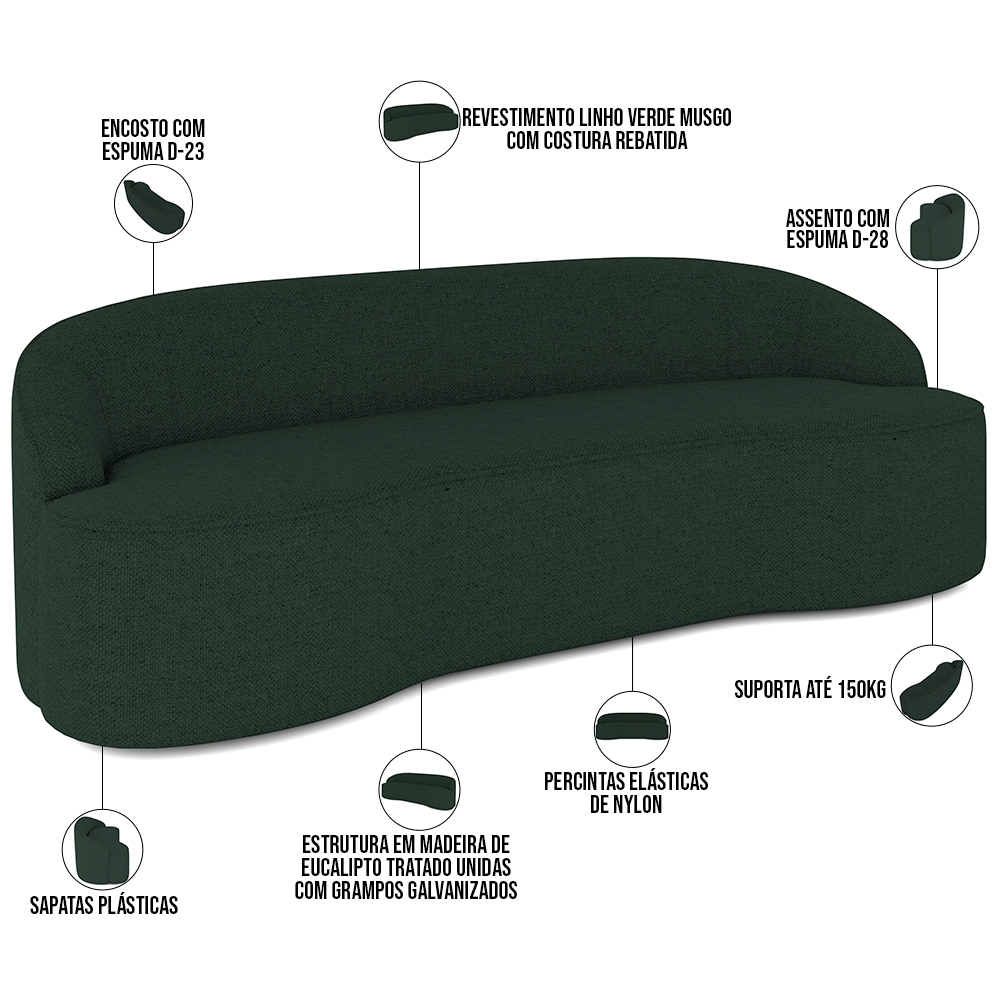 Sofá 4 Lugares Curvo Sala de Estar Living Lótus D02 Linho Verde Musgo 280 cm C-117 - Lyam