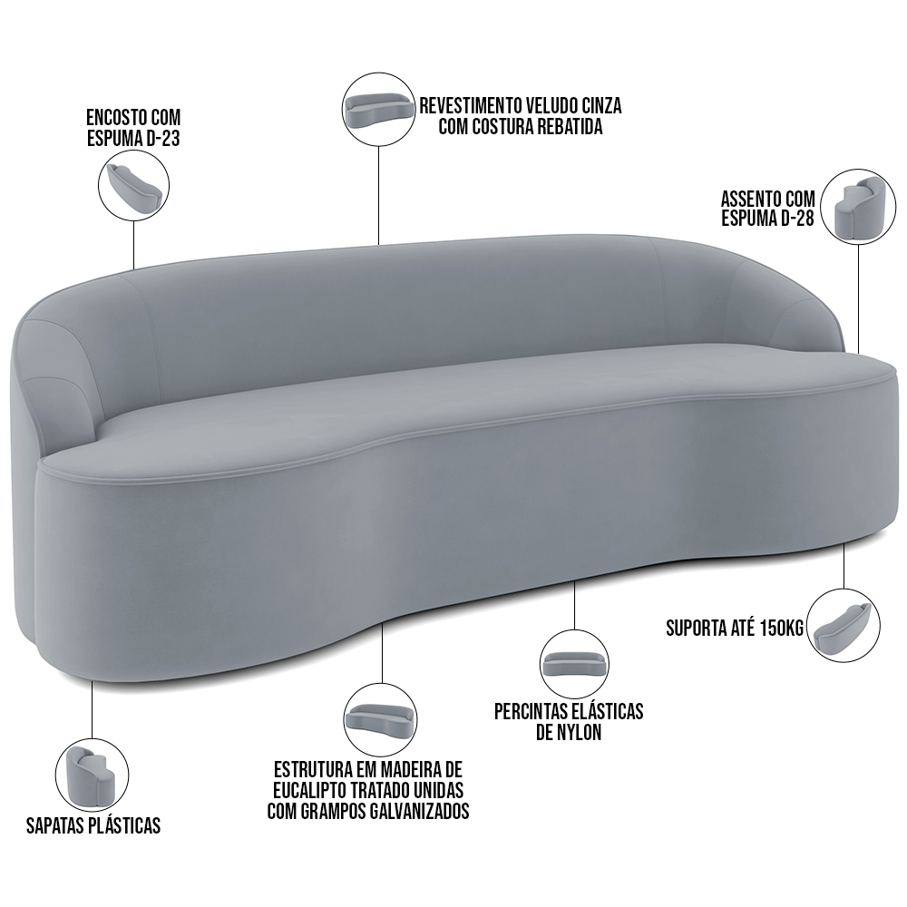 Sofá 4 Lugares Curvo Sala de Estar Living Lótus D02 Veludo Cinza 230 cm C-317 - Lyam Decor