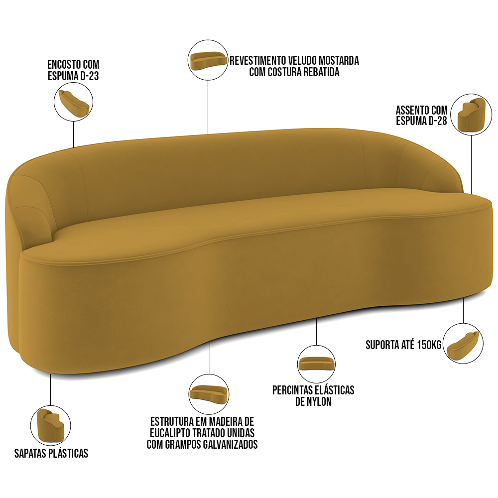 Sofá 4 Lugares Curvo Sala de Estar Living Lótus D02 Veludo Mostarda 280 cm C-279 - Lyam