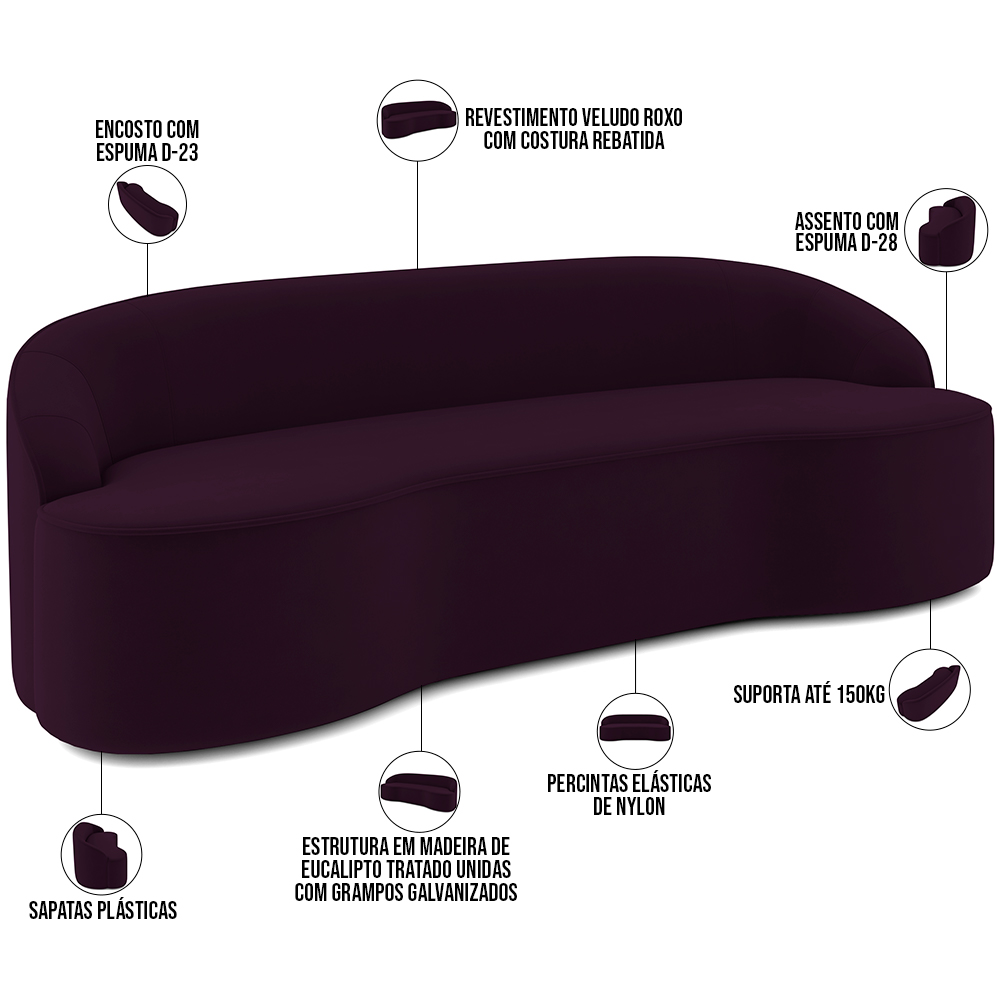 Sofá 4 Lugares Curvo Sala de Estar Living Lótus D02 Veludo Roxo 230 cm C-292 - Lyam Decor