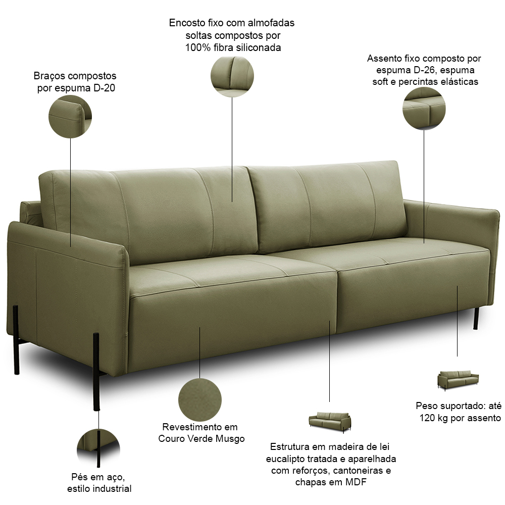 Sofá 4 Lugares Para Sala Living Industrial 264cm Italy L06 Couro Verde Musgo - Lyam Decor