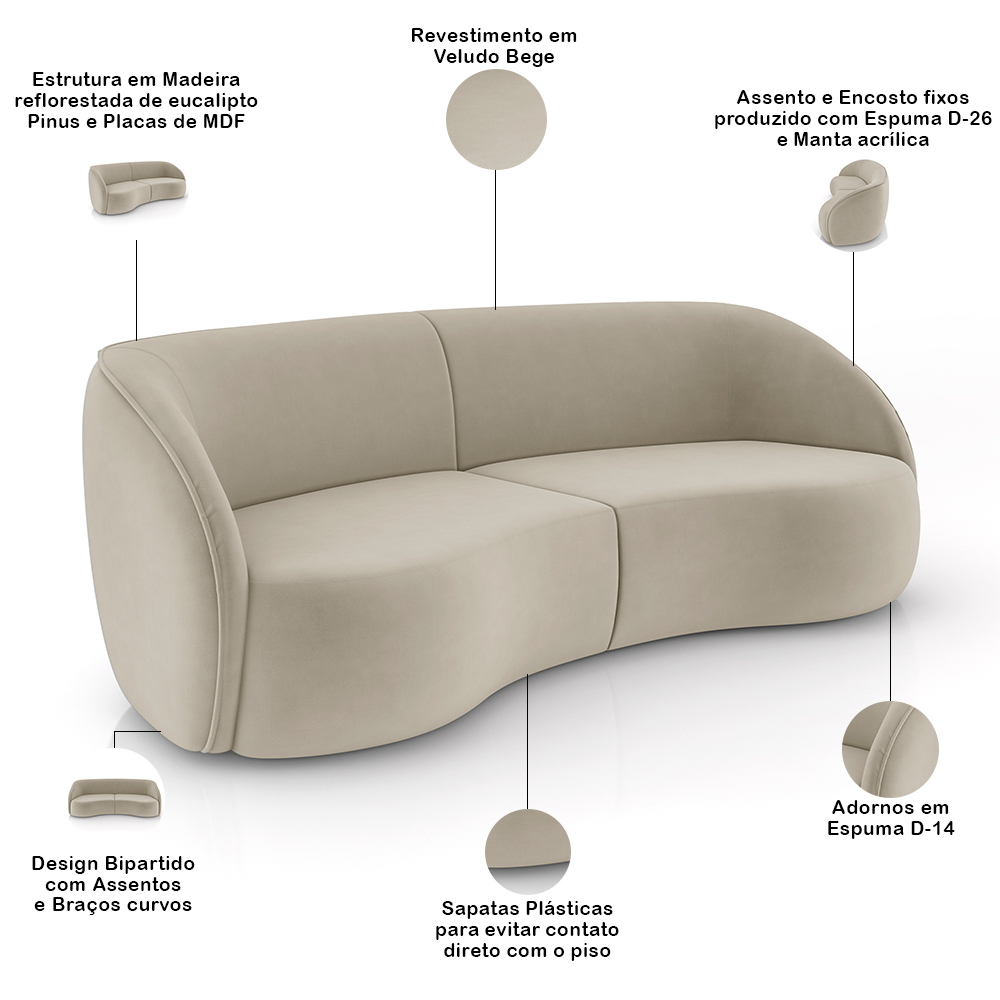 Sofá 4 Lugares Para Sala Living Orgânico 240cm Eron M03 Veludo Bege - Lyam Decor