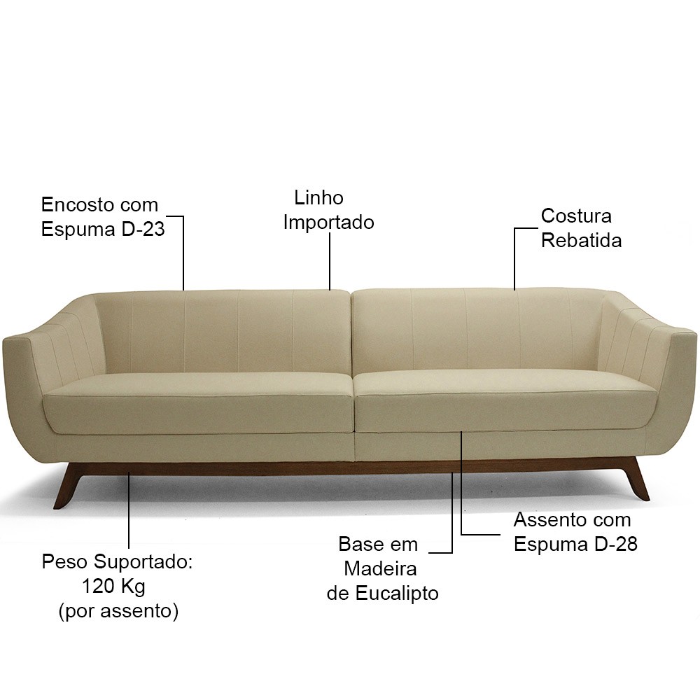 Sofá 4 Lugares Para Sala de Estar Atenas 280 cm D02 Linho Bege B-298 - Lyam Decor