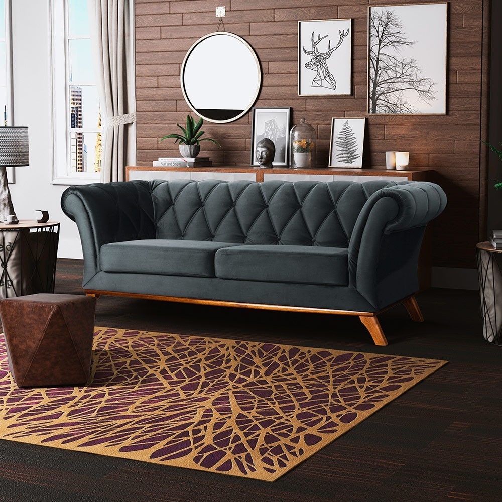 Sofá 4 Lugares Para Sala de Estar Império 260 cm D02 Veludo Cinza C-317 - Lyam Decor