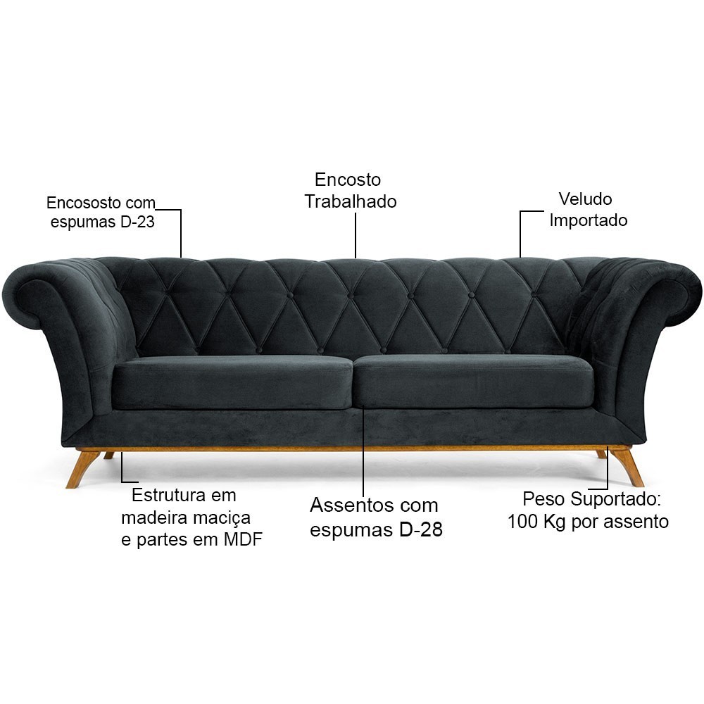 Sofá 4 Lugares Para Sala de Estar Império 260 cm D02 Veludo Cinza C-317 - Lyam Decor