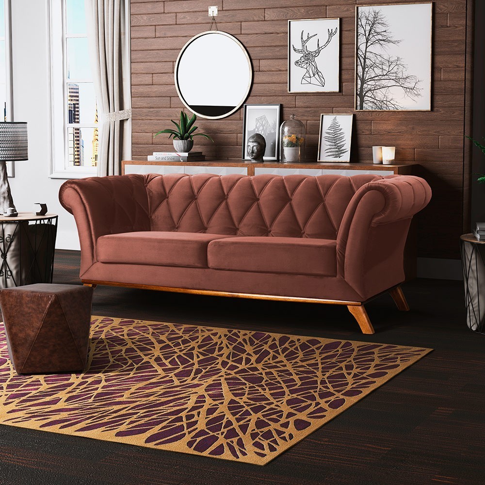 Sofá 4 Lugares Para Sala de Estar Império 260 cm D02 Veludo Marrom B-276 - Lyam Decor