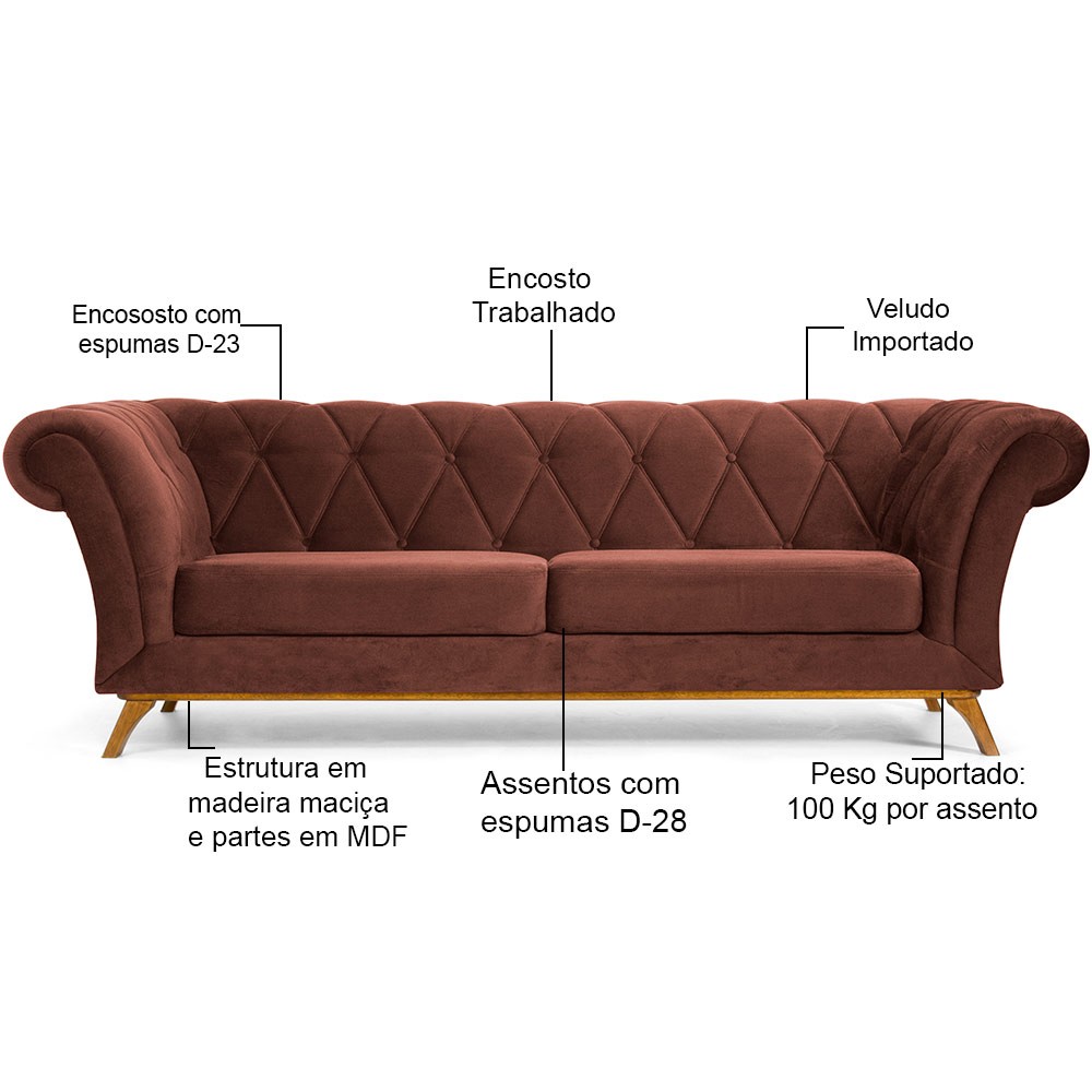 Sofá 4 Lugares Para Sala de Estar Império 260 cm D02 Veludo Marrom B-276 - Lyam Decor