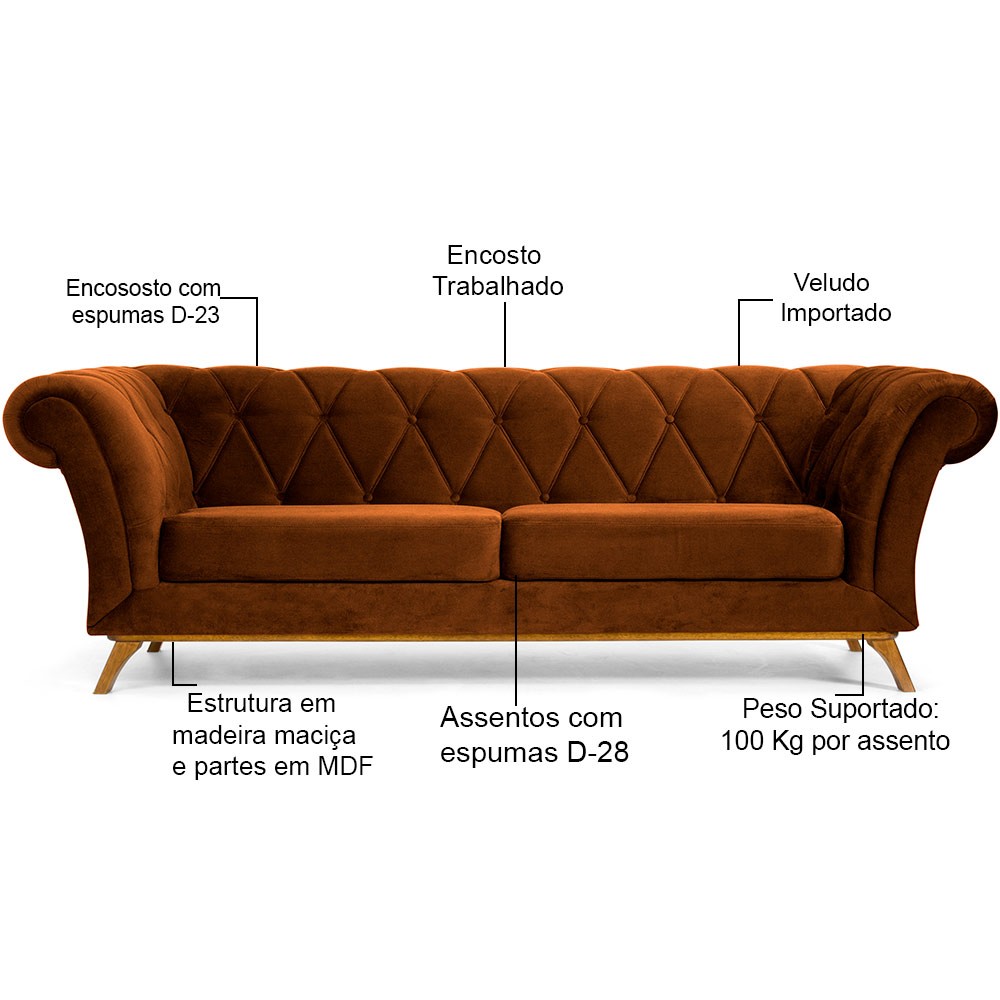 Sofá 4 Lugares Para Sala de Estar Império 260 cm D02 Veludo Telha B-262 - Lyam Decor